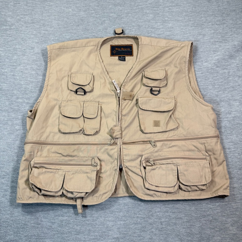 Rio Bravo Vest Men XL Khaki Multi Pocket Outdoor Fishing Safari‎ Utility Jacket
